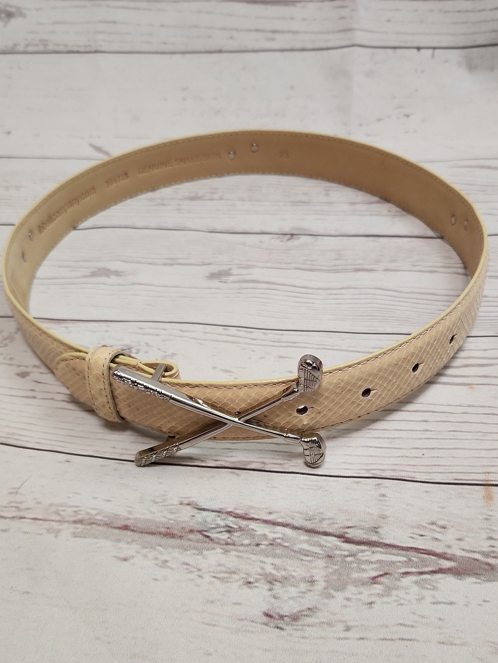Cream Textured Leather Belt with Silver Golf-Club Buckle
